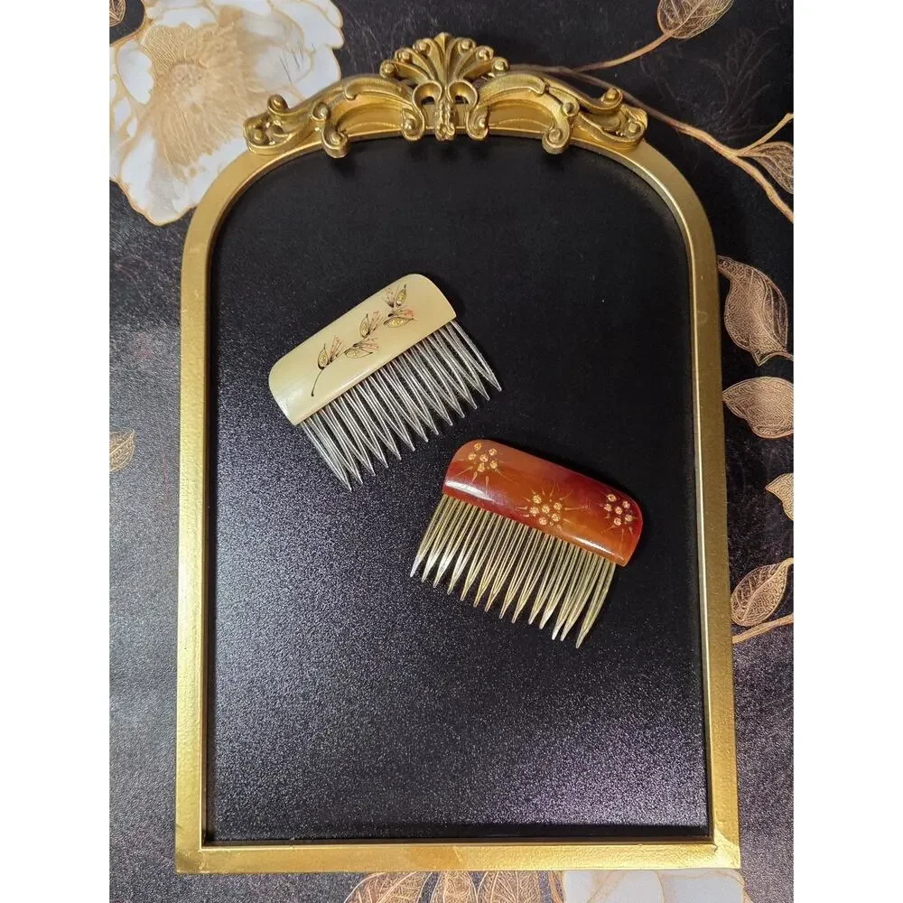 Vintage Hair Combs 1960s Acrylic or Celluloid Hand Painted Glitter Accents